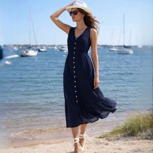 Nanette Lepore Navy Slub Gauze Button Front Midi Dress Flounce Hem Pockets~8💛